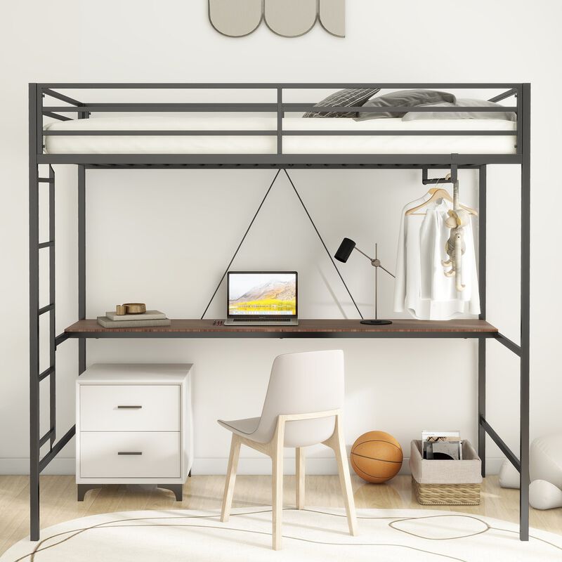 Adam Twin Loft Bunk Metal Bed Frame with Desk and Closet Rod, Guardrails, Easy Assembly, Black