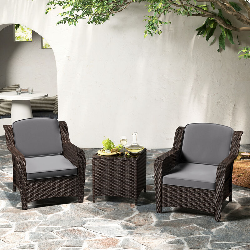 3 Pieces Outdoor Rattan Furniture Set with Cushions and Tempered Glass Coffee Table-Grey
