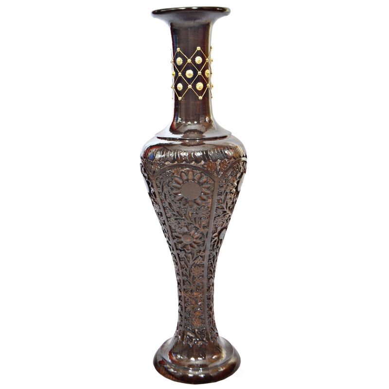 Antique Decorative Brown Hand Curved Mango Wood Floor Flower Vase with Unique Textured Pattern, 30 Inch