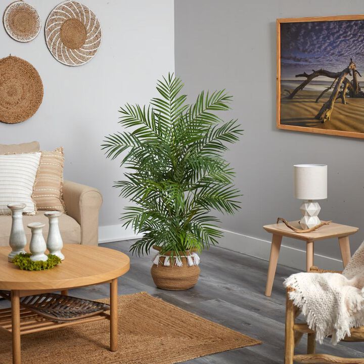 Hivvago 4 Feet Areca Artificial Palm in Boho Chic Handmade Natural Cotton Woven Planter with Tassels