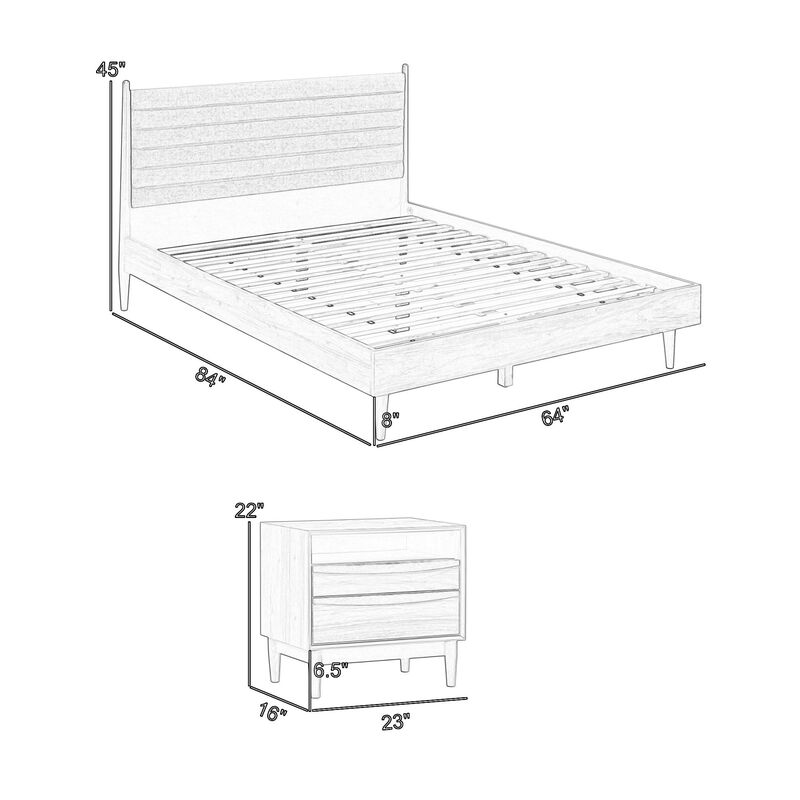 Benjara Mian Bedroom 3 pcs Set, Queen Platform Bed and Nightstand, Walnut, Brown and Gray