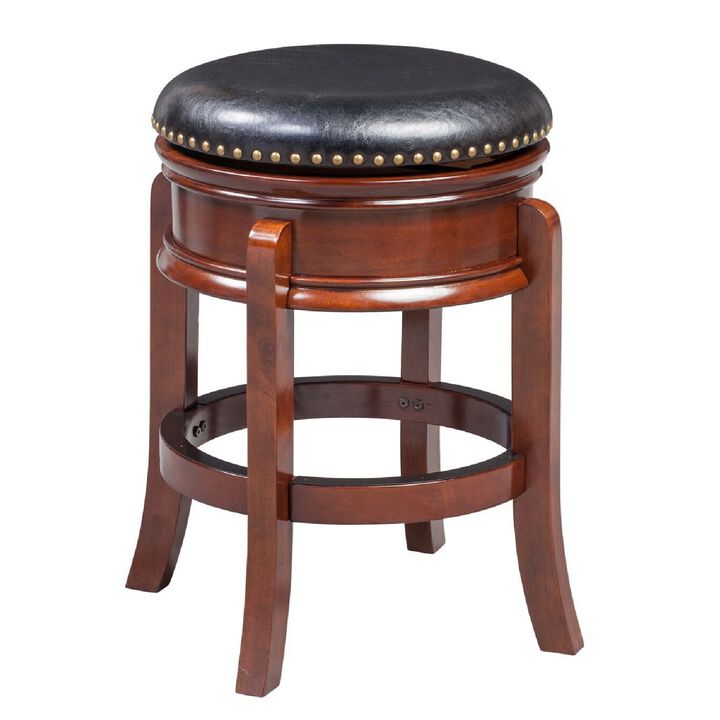 Sabi 24 inch Swivel Counter Stool, Solid Wood, Faux Leather, Brown, Black-Benzara