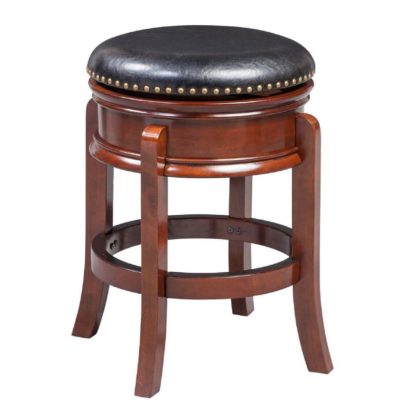 Sabi 24 inch Swivel Counter Stool, Solid Wood, Faux Leather, Brown, Black-Benzara