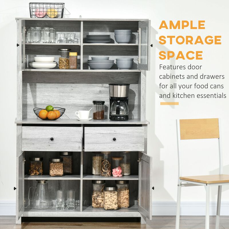 Ash Gray Kitchen Hutch: 63.5" Pantry with Glass Doors & Microwave Space
