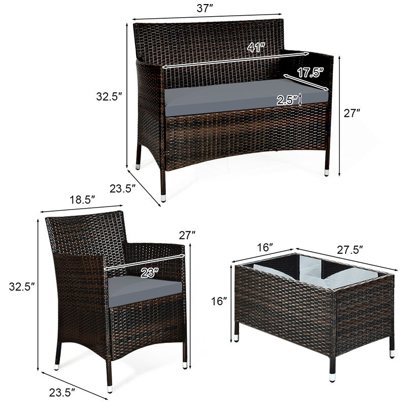 4 Pieces Comfortable Outdoor Rattan Sofa Set with Glass Coffee Table