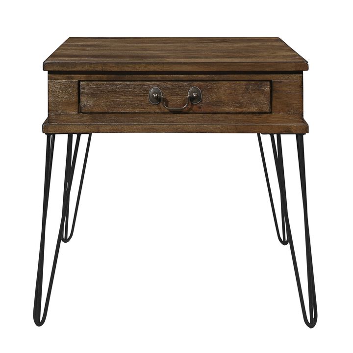 Itti 22 Inch Square Side End Table, 1 Drawer, Brown Solid Wood, Black - Benzara