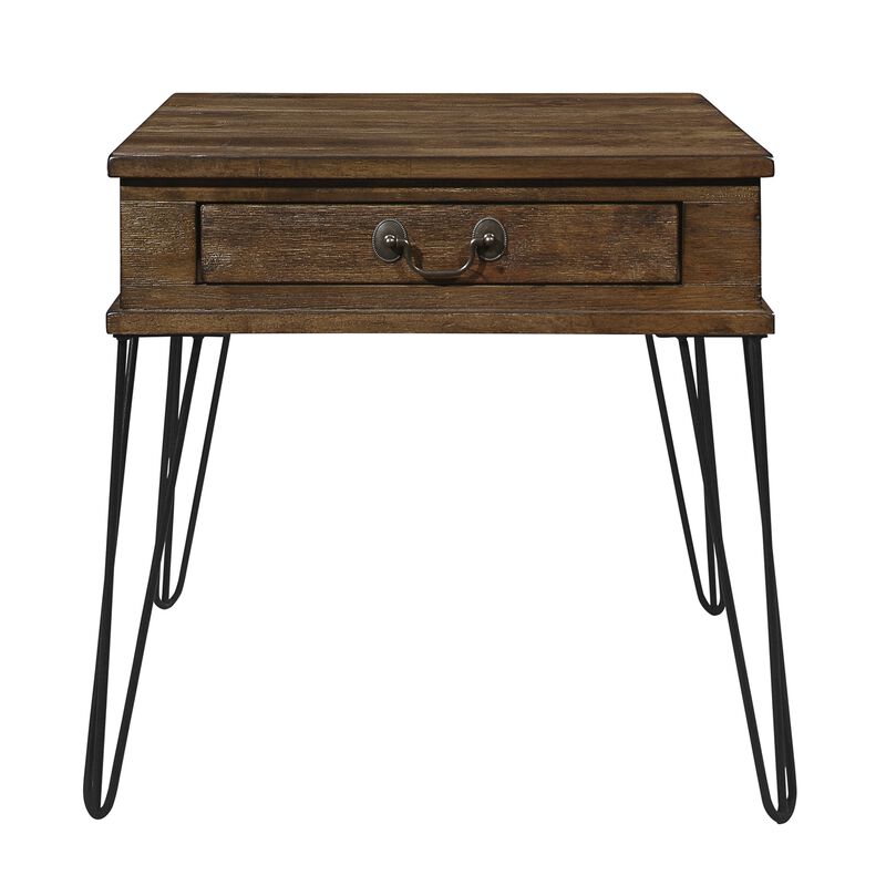 Itti 22 Inch Square Side End Table, 1 Drawer, Brown Solid Wood, Black - Benzara