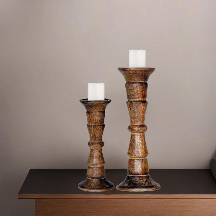 Traditional Medium Burnt Eco-friendly Handmade Mango Wood Set Of Two 9" & 12" Pillar Candle Holder BBH Homes