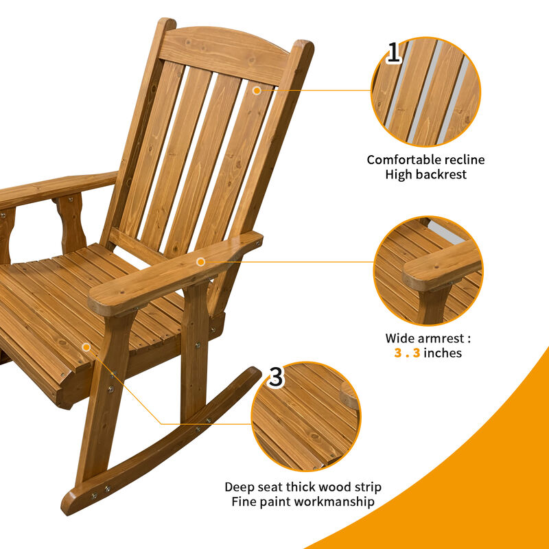 Wooden Rocking Chair with Comfortable Backrest Inclination, High Backrest and Deep Contoured Seat, Solid Fir Wood, Heavy Duty 600 LBS, for Both Outdoor and Indoor, Backyard, Porch and Patio