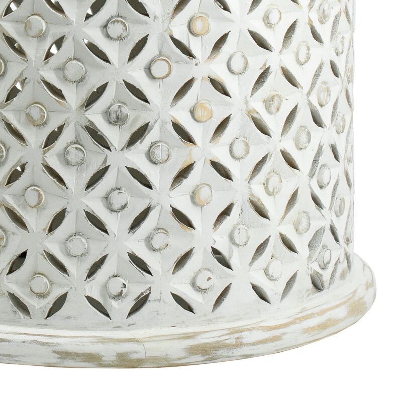 18, 16 Inch Accent Tables, Round, Mango Wood, Floral Cut Out, Brown, White - Benzara