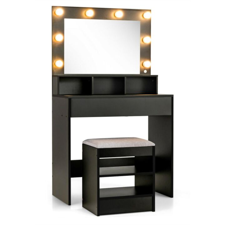 Hivvago Vanity Table Set with Lighted Mirror and Cushion Stool-Black