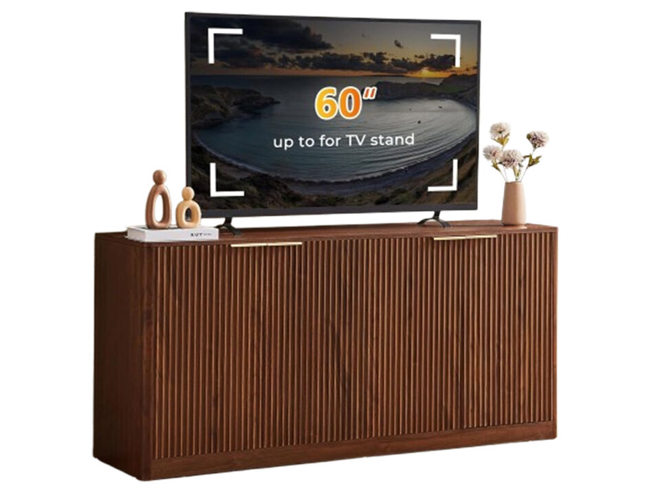59" Walnut Fluted TV Stand with Storage,Mid Century Modern TV Stand
