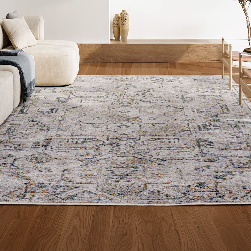 Edith Distressed Medallion Low-Pile Machine-Washable Cream/Light Gray Rug