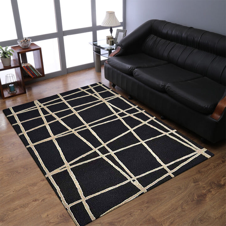 RUGSOTIC CARPETS HAND TUFTED WOOL ECO-FRIENDLY AREA RUGS  - 5'x8', Rectangle Shape, Black, Contemporary Modern Design, High Pile Thick Handmade Area Rugs for Living Room, Bed Room (K02001)