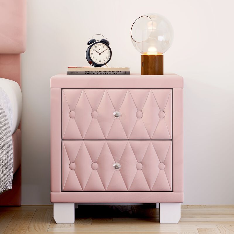 Elegant Velvet Nightstand with 2 Drawers and Crystal Handle, Storage Bedside Table with Button-Tufted