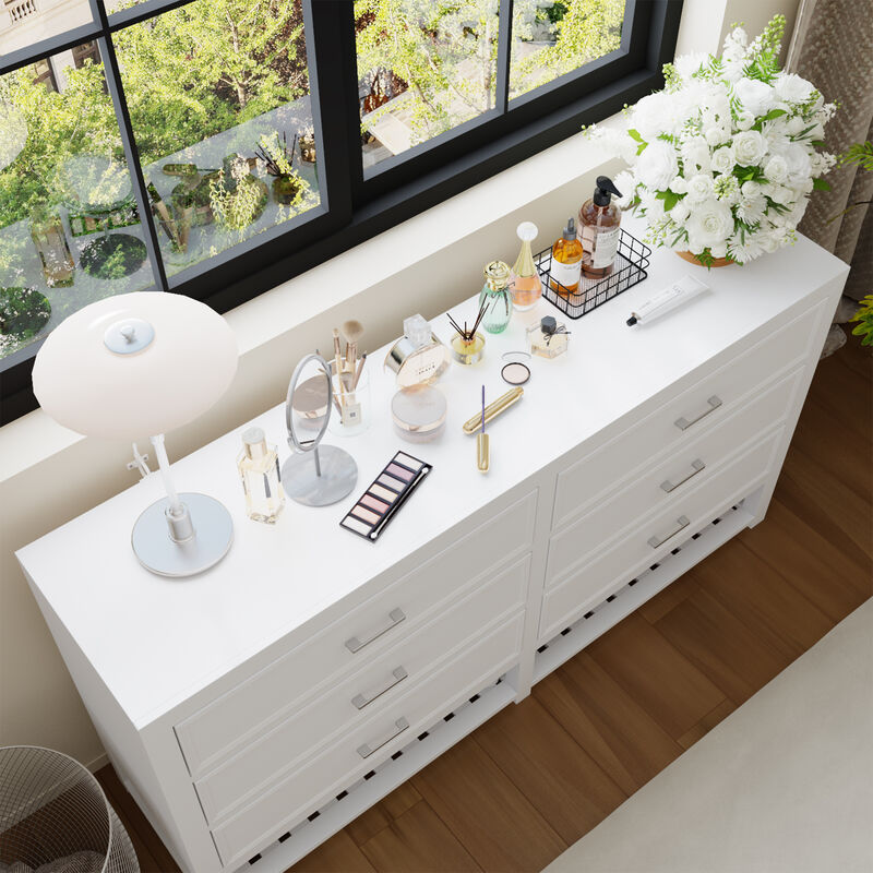 FUFU&GAGA Modern White 6-Drawer Dresser with Open Storage Shelf,（63” W x 15.7” D x 33.1” H), White