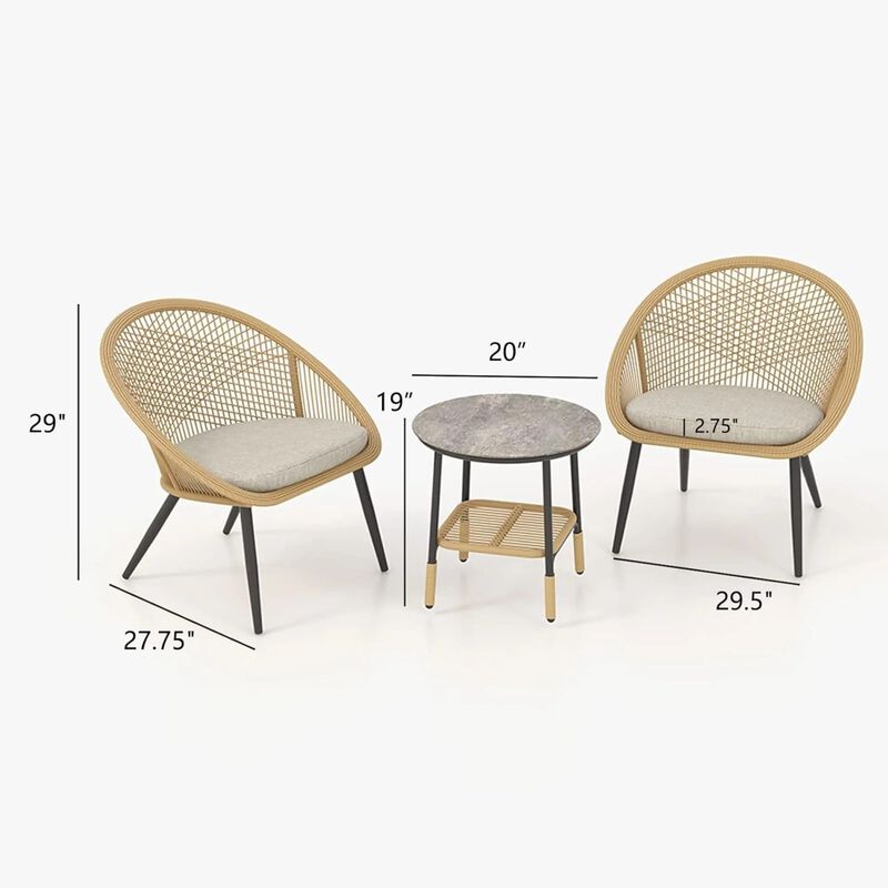 MONDAWE Outdoor Wicker Metal Mesh Shell Chairs and Side Table Set - Set of 2