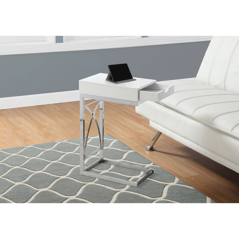Monarch Specialties I 3170 Accent Table, C-shaped, End, Side, Snack, Storage Drawer, Living Room, Bedroom, Metal, Laminate, Glossy White, Chrome, Contemporary, Modern