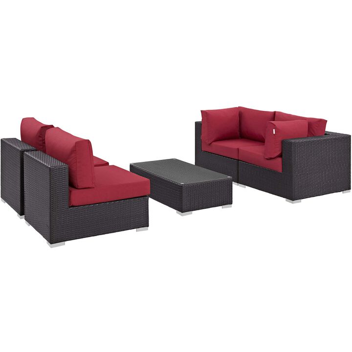 Convene 5 Piece Outdoor Patio Sectional Set - Espresso Red