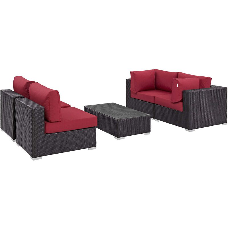 Convene 5 Piece Outdoor Patio Sectional Set - Espresso Red