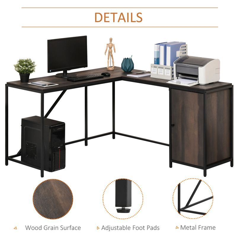 Brown Corner Workstation: L-Shaped Desk with Storage Cabinet
