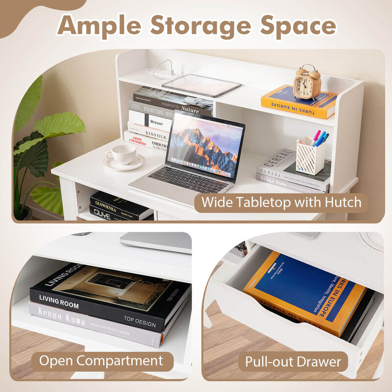 Costway Computer Desk with Power Outlets and USB Ports & Type-C Hutch Open Shelf Drawer