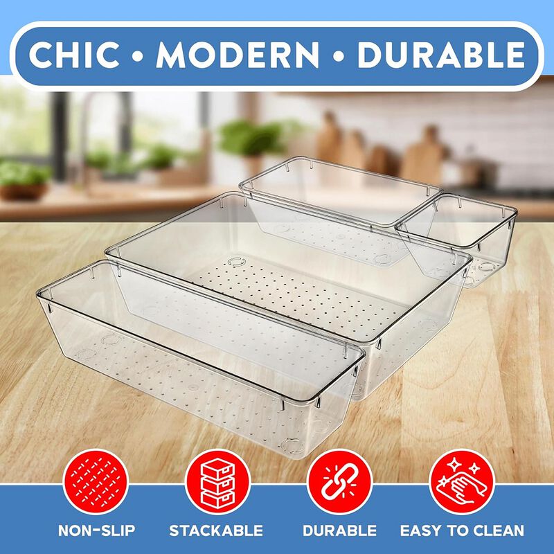 Drawer Organizer Set - Includes 12-piece 9x6 bins, 20-piece 9x3 bins, 18-piece 6x3 Bins, 22-piece 3x3 Bins, Stackable Storage Trays for Makeup, Kitchen, and Office, 72 Pack
