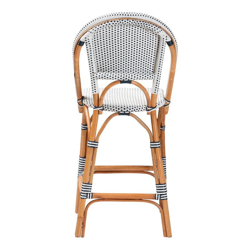 bali & pari Genica Classic French Two Tone Navy and White Weaving and Natural Rattan Bar Stool