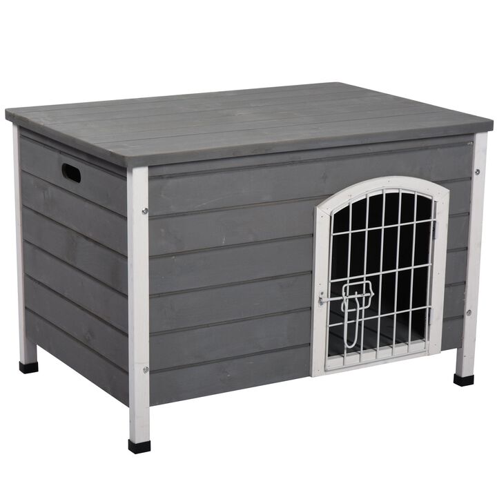 Grey Pet Sanctuary: Decorative Wooden Dog Kennel with Wire Door