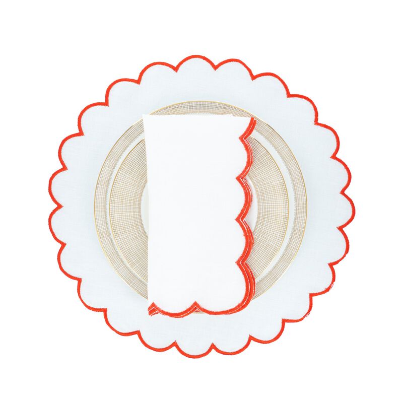 Red Scalloped Linen Napkins, Set of 4