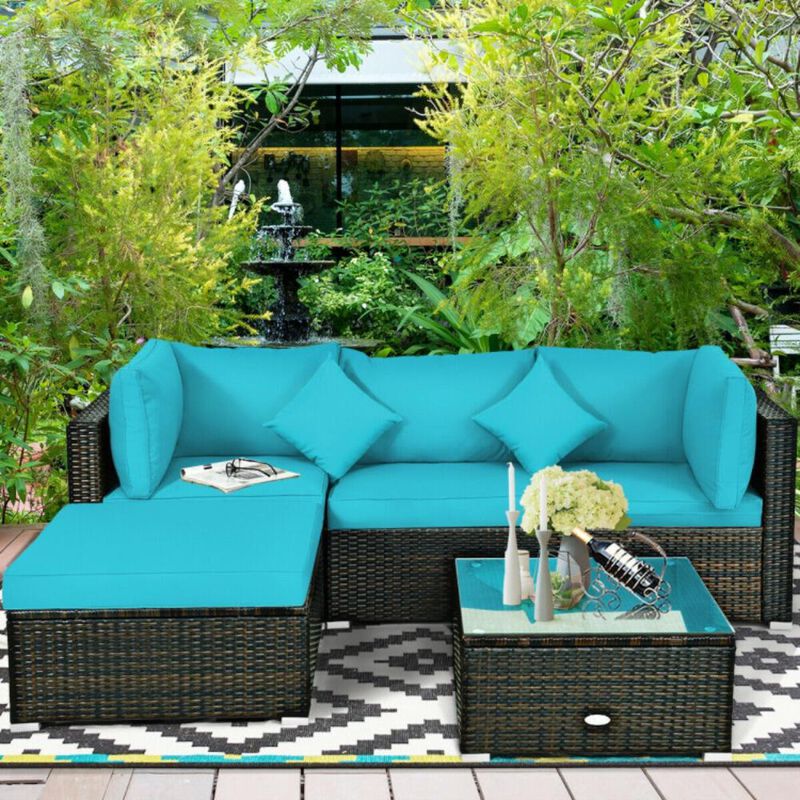 Hivvago 5 Pcs Outdoor Patio Rattan Furniture Set Sectional Conversation with Navy Cushions