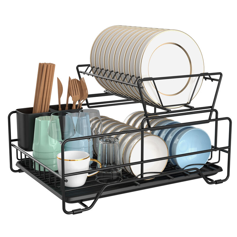 Dish Drying Rack, Metel 2-Tier Dish Rack Utensil Holder Kitchen Black