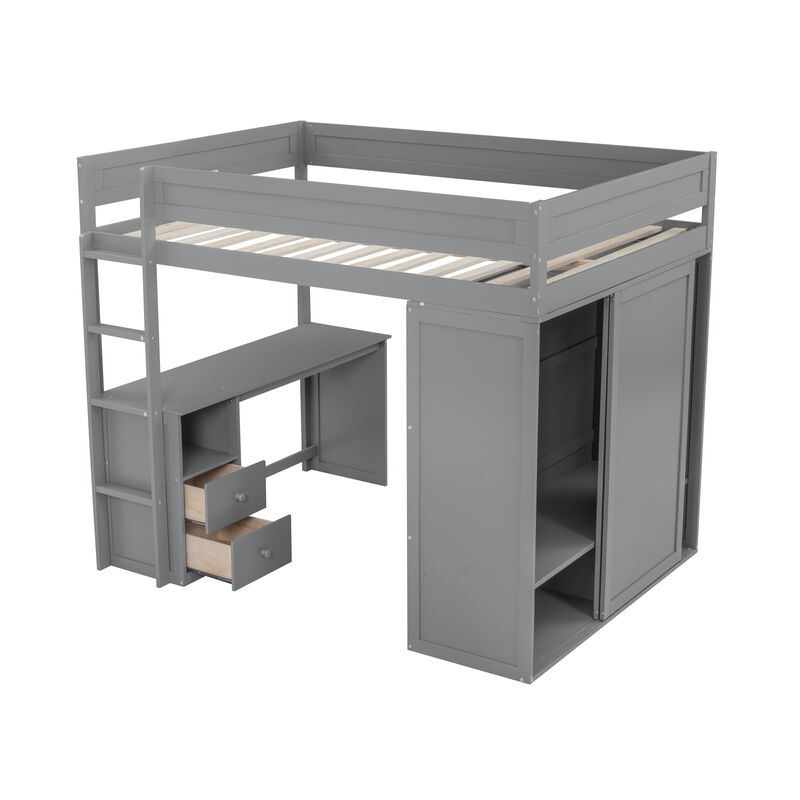 Merax Wood  Loft Bed with Wardrobes and  Cabinet