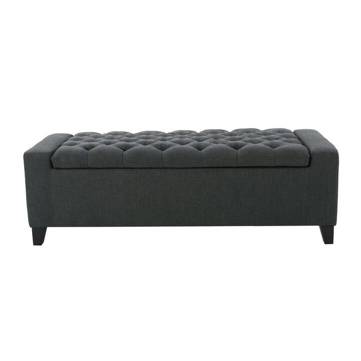 Storage Ottoman Bench, Dark Gray Fabric, Tufted Top, 51 Inch - Benzara