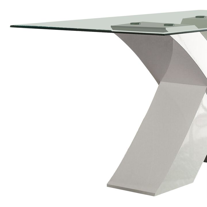 Glass Top Dining Table With X Shape Wooden Base, White and Clear-Benzara