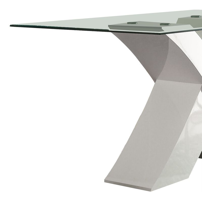 Glass Top Dining Table With X Shape Wooden Base, White and Clear-Benzara