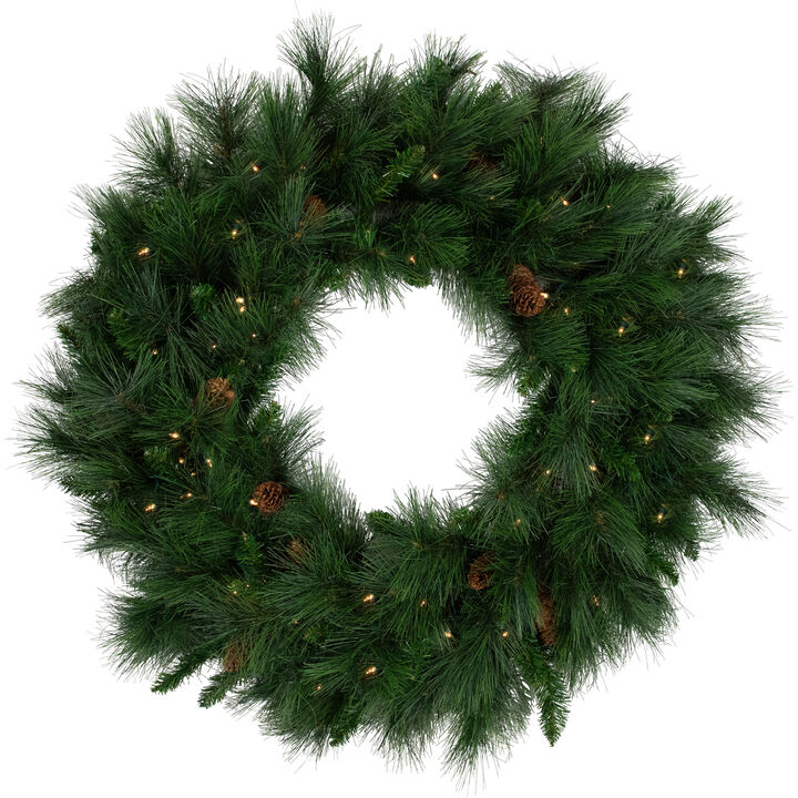 Pre-Lit White Valley Pine Artificial Christmas Wreath with Pinecones  36-Inch  Clear Lights