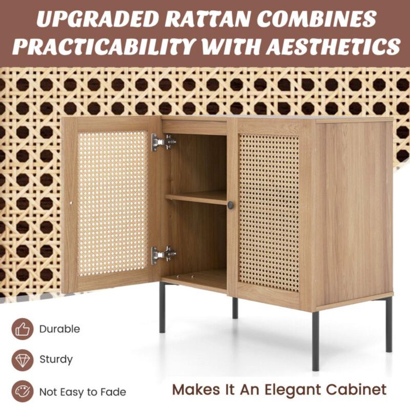 Hivvago Kitchen Sideboard with 2 Rattan Doors and Adjustable Shelf