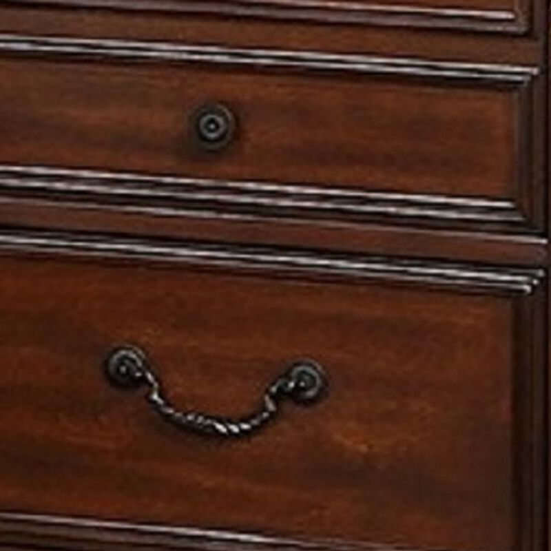 Miri 25 Inch 3 Drawer Nightstand, Brass Carved Accents, Cherry Oak Brown-Benzara