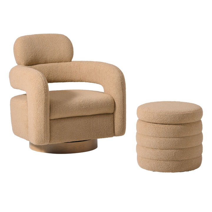WestinTrends Mid-Century Modern Sherpa Swivel Barrel Accent Chair With Storage Ottoman