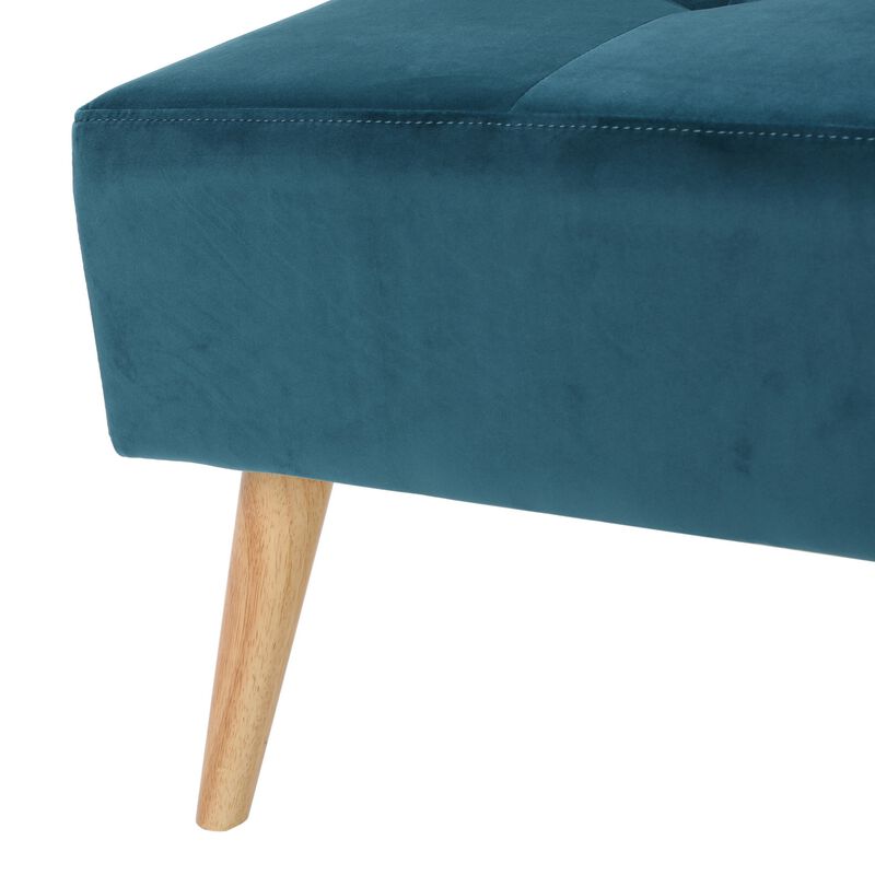 Ottoman, Tufted Teal Velvet, Brown Tapered Wood Legs, Square 31 Inch - Benzara