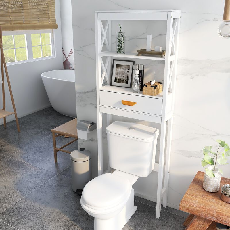 23.62 in. W. x 7.87 in. D x 64.96 in. H White Wood Linen Cabinet with 2 Open Shelves