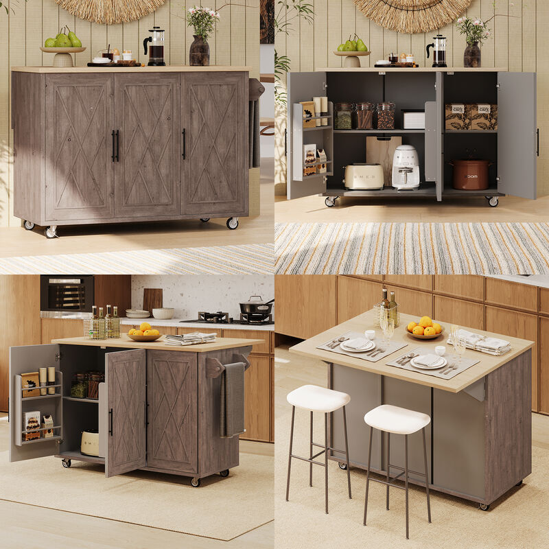Merax Farmhouse Kitchen Island on Wheels with Drop Leaf