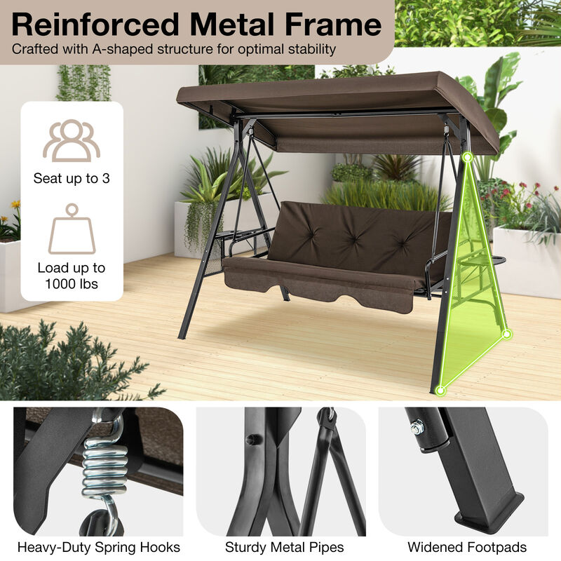 Convertible 3-Seat Patio Porch Swing Chair with Flat Bed and Adjustable Canopy
