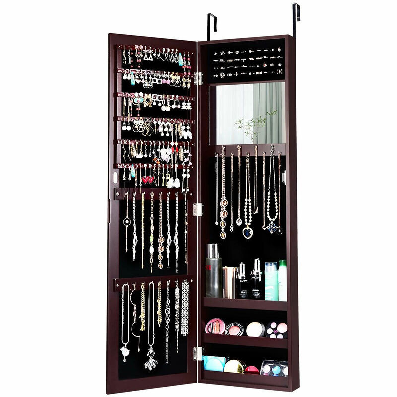 Full Length Mirror Jewelry Cabinet with Ring Slots and Necklace Hooks-Brown