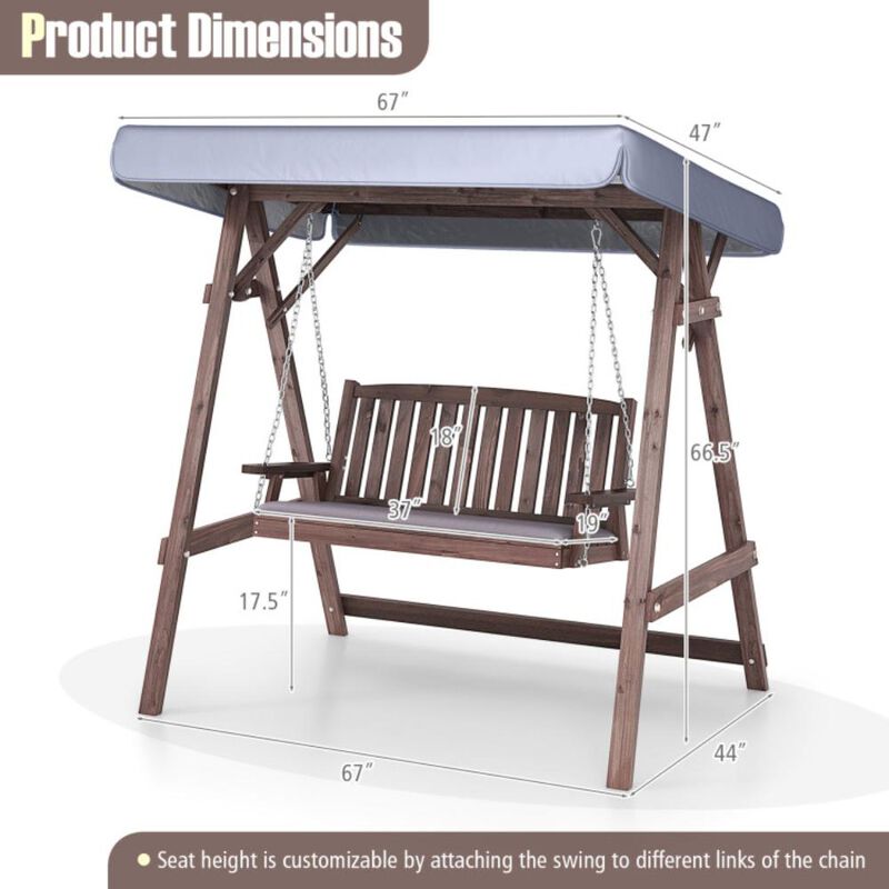 Hivvago 2-Person Porch Swing with Fir Wood Stand and Tilt Canopy