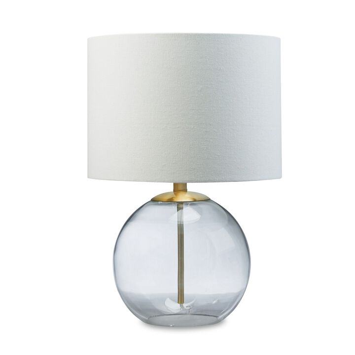 21 Inch Table Lamp, White Drum Shade, Round Clear Glass Base, Brass Metal - Benzara