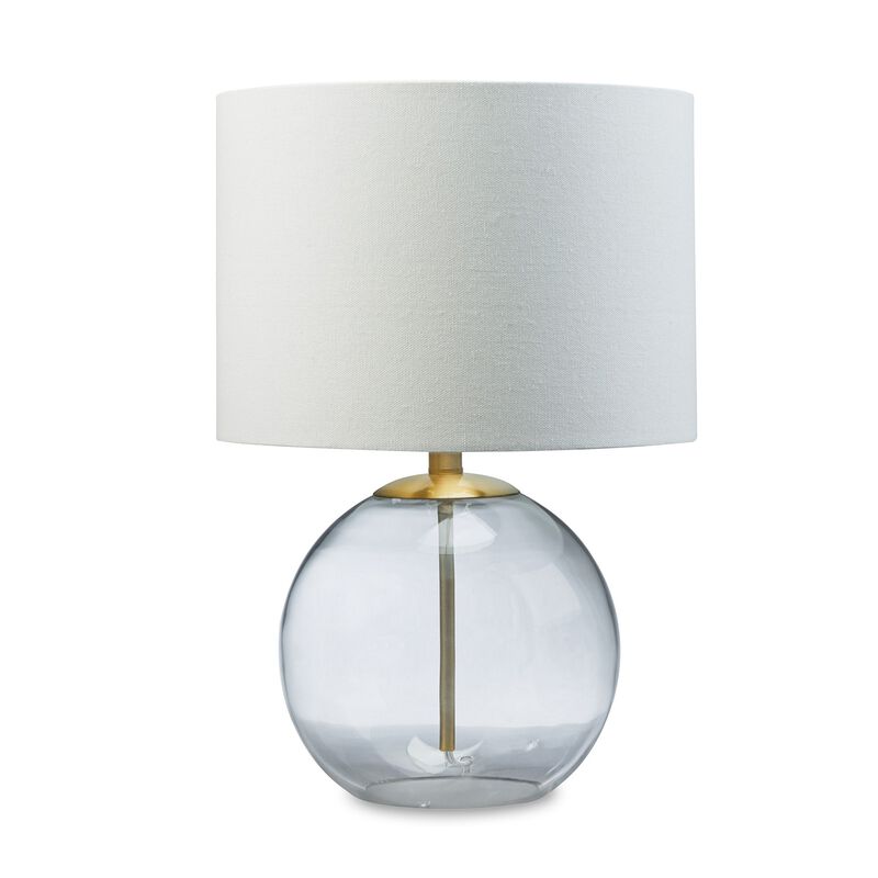 21 Inch Table Lamp, White Drum Shade, Round Clear Glass Base, Brass Metal - Benzara