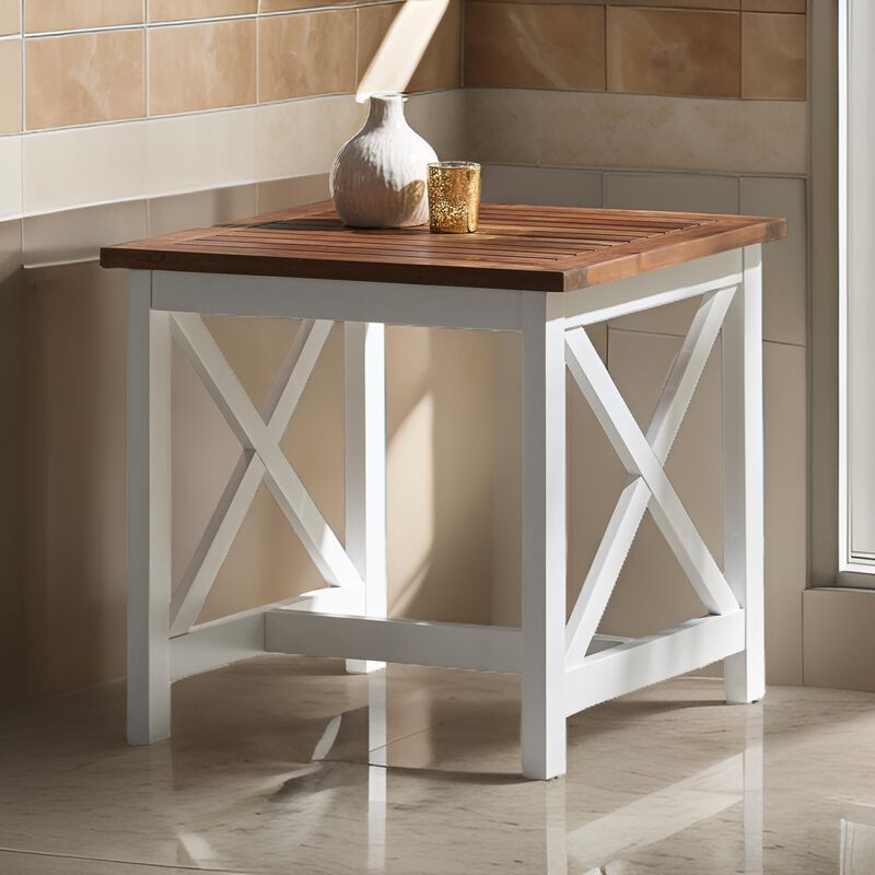 Side End Table, 20 Inch Square Rustic Farmhouse Brown White Wood - Benzara