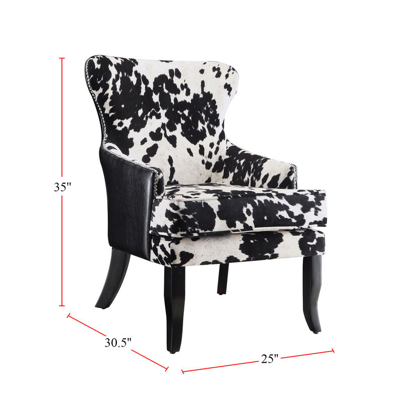 Cowhide Print Accent Chair with Nailhead Trim, Black and White